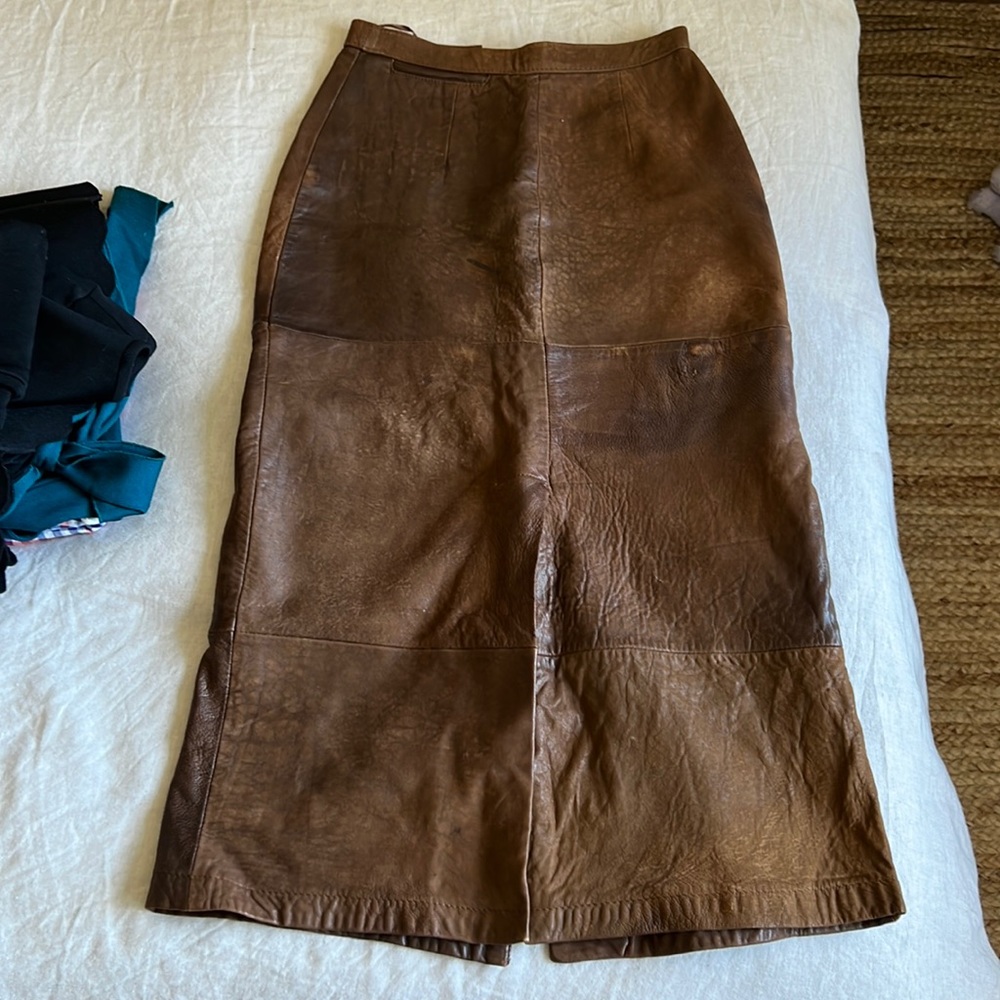 Vintage brown leather midi skirt